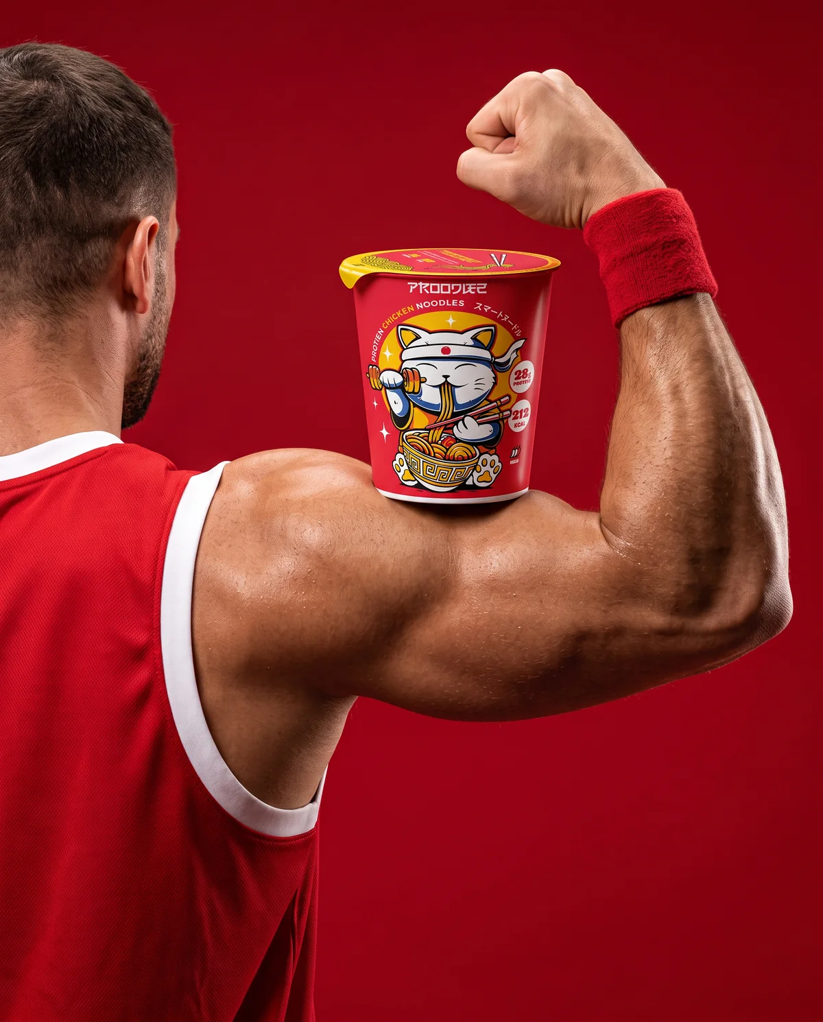 Someone flexing with a pot of Proodlez balanced on their arm